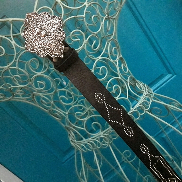 Genuine Leather Belt Buckle Metal Studded Rivets Micro Crystals Black - Picture 9 of 16